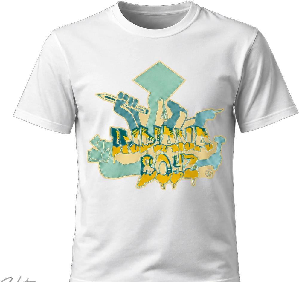 Indiana Boyz white tee with green and gold graffiti print