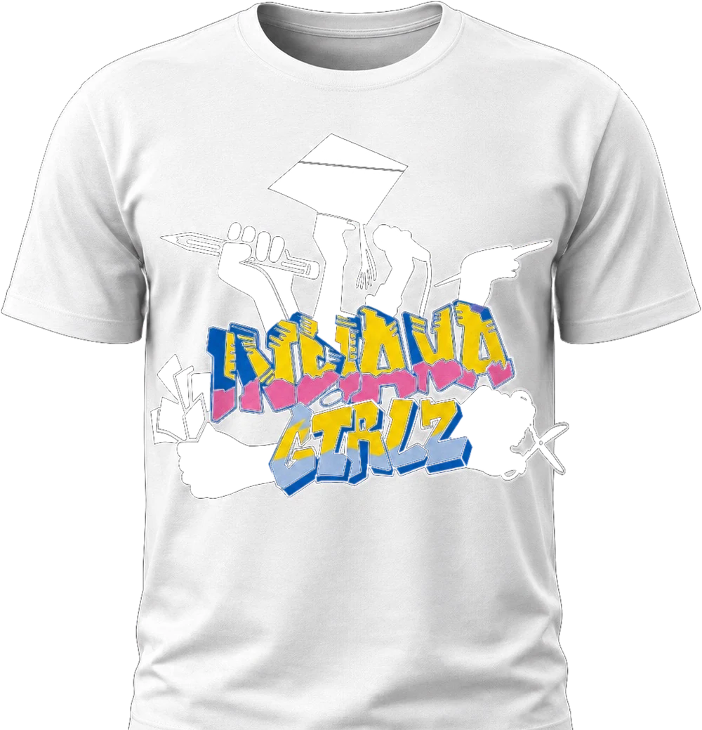 Indiana Girlz white tee with pink, blue and yellow graffiti print